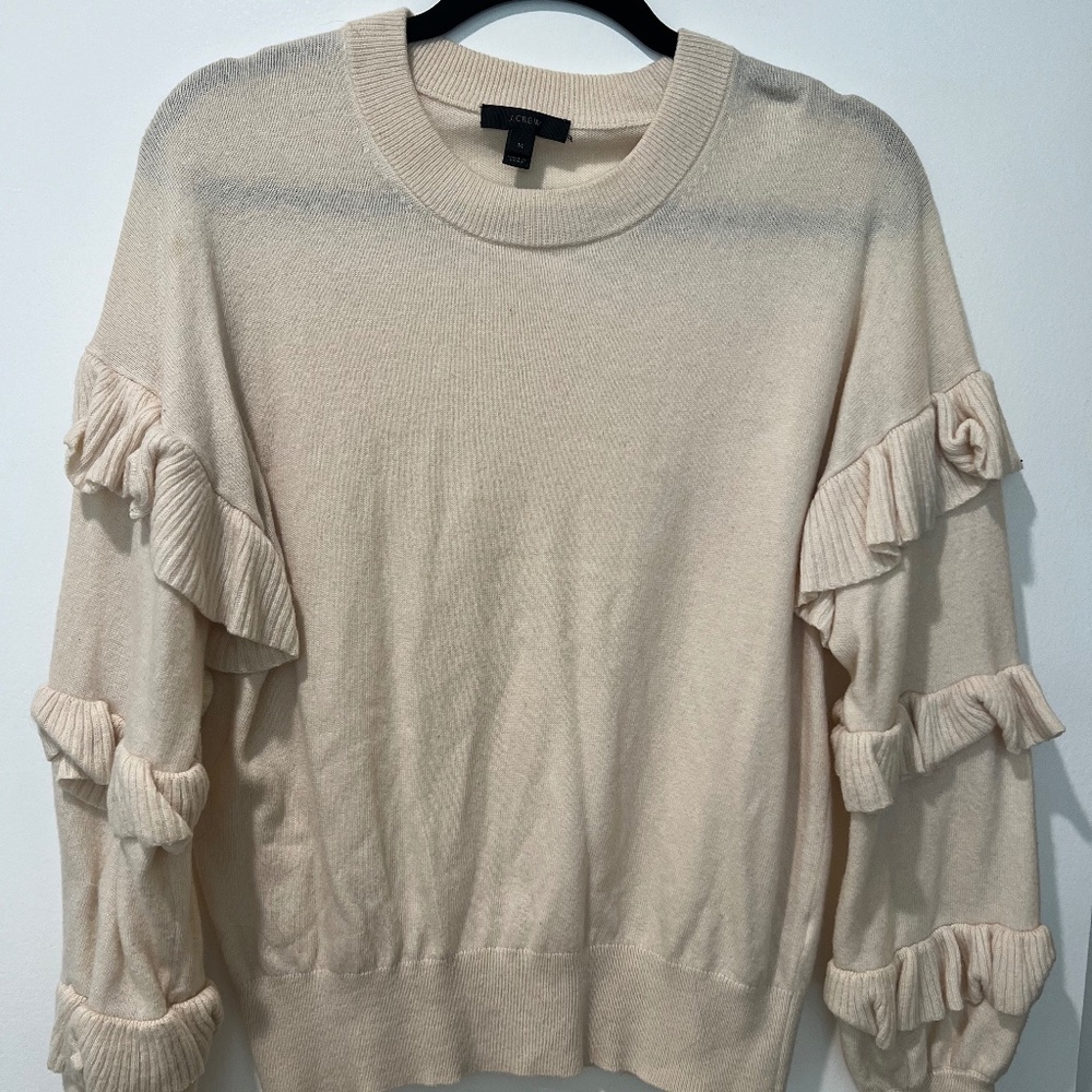 Jcrew White Ruffle Sleeve Sweater M